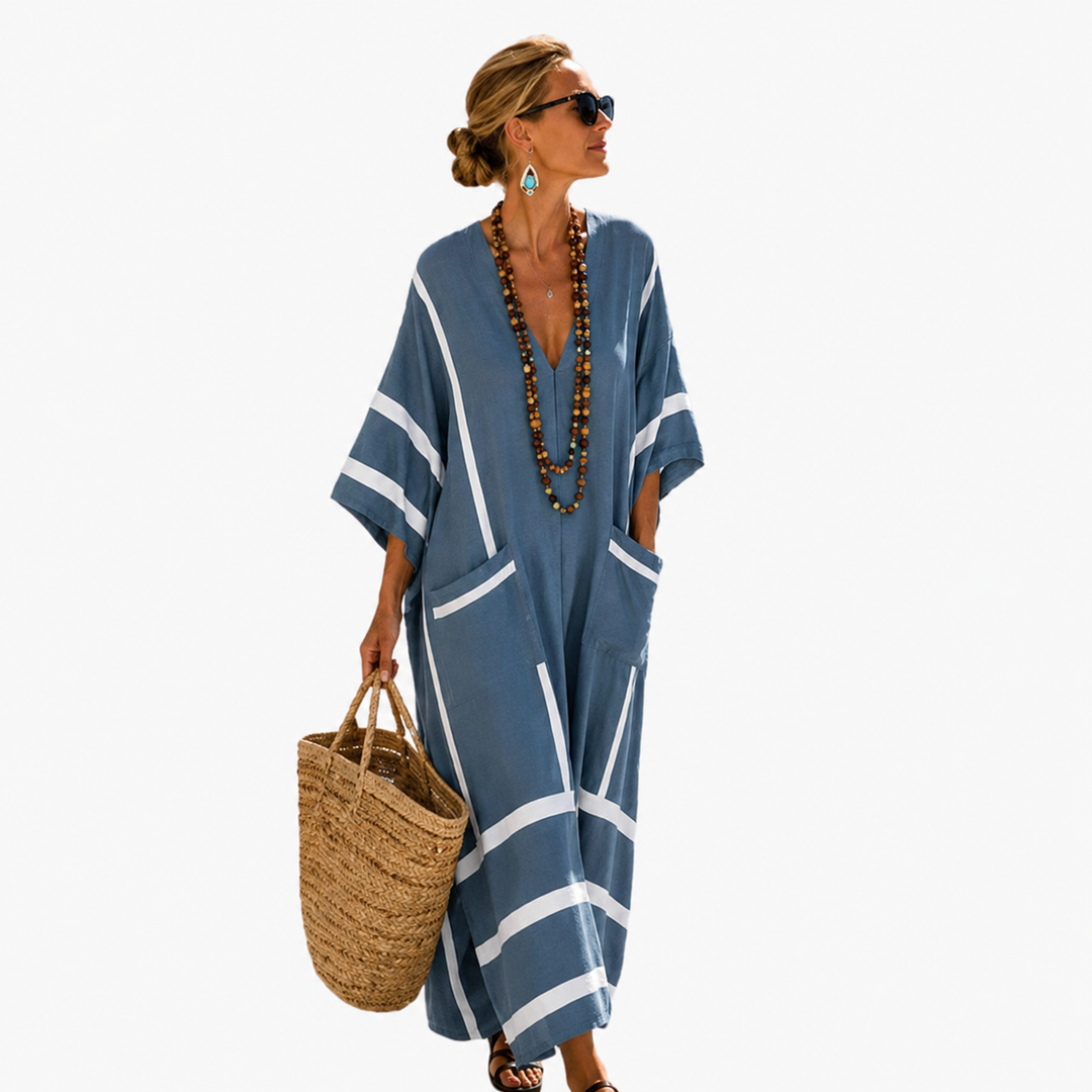 Langer Kaftan - Blau mit Weiß