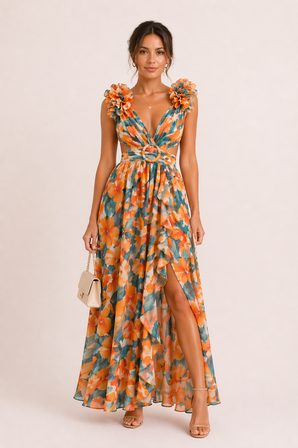 Chiffon-Maxikleid V-Ausschnitt Blumenprint 3D-Blüten Cut-Out Festlich