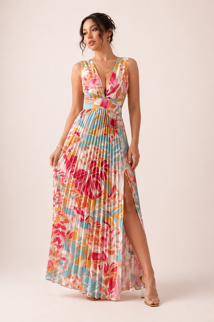 Plissee-Maxikleid V-Ausschnitt Blumenprint Cut-Out Beinschlitz Festlich