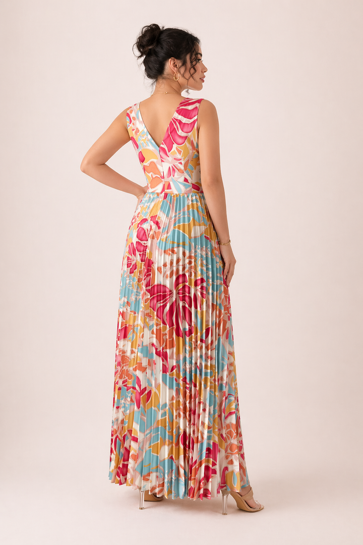 Plissee-Maxikleid V-Ausschnitt Blumenprint Cut-Out Beinschlitz Festlich