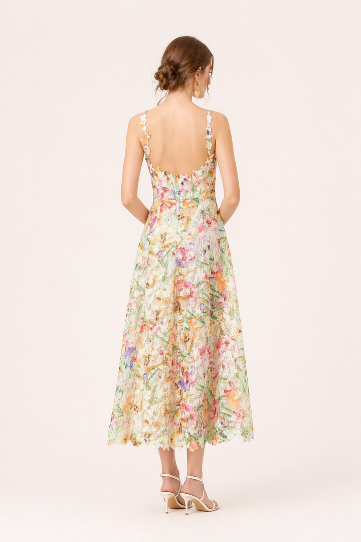 Spitzen-Midi-Kleid mit Blumenprint A-Linie Träger Rückenausschnitt