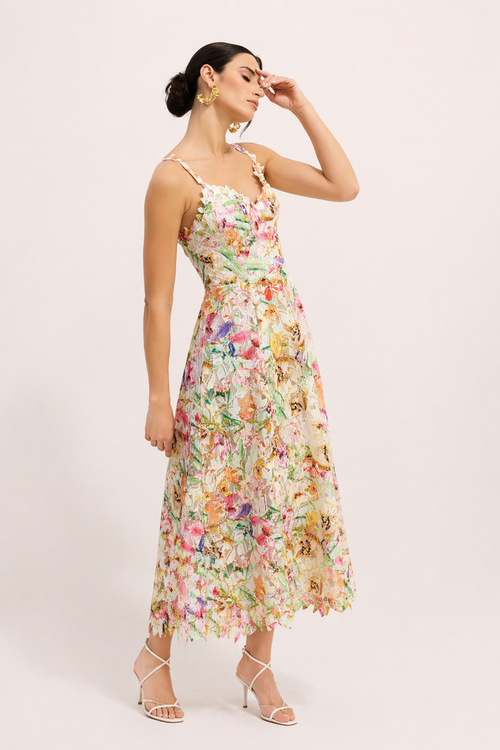 Spitzen-Midi-Kleid mit Blumenprint A-Linie Träger Rückenausschnitt