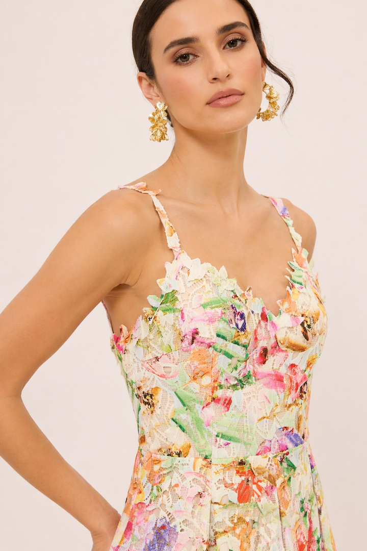 Spitzen-Midi-Kleid mit Blumenprint A-Linie Träger Rückenausschnitt