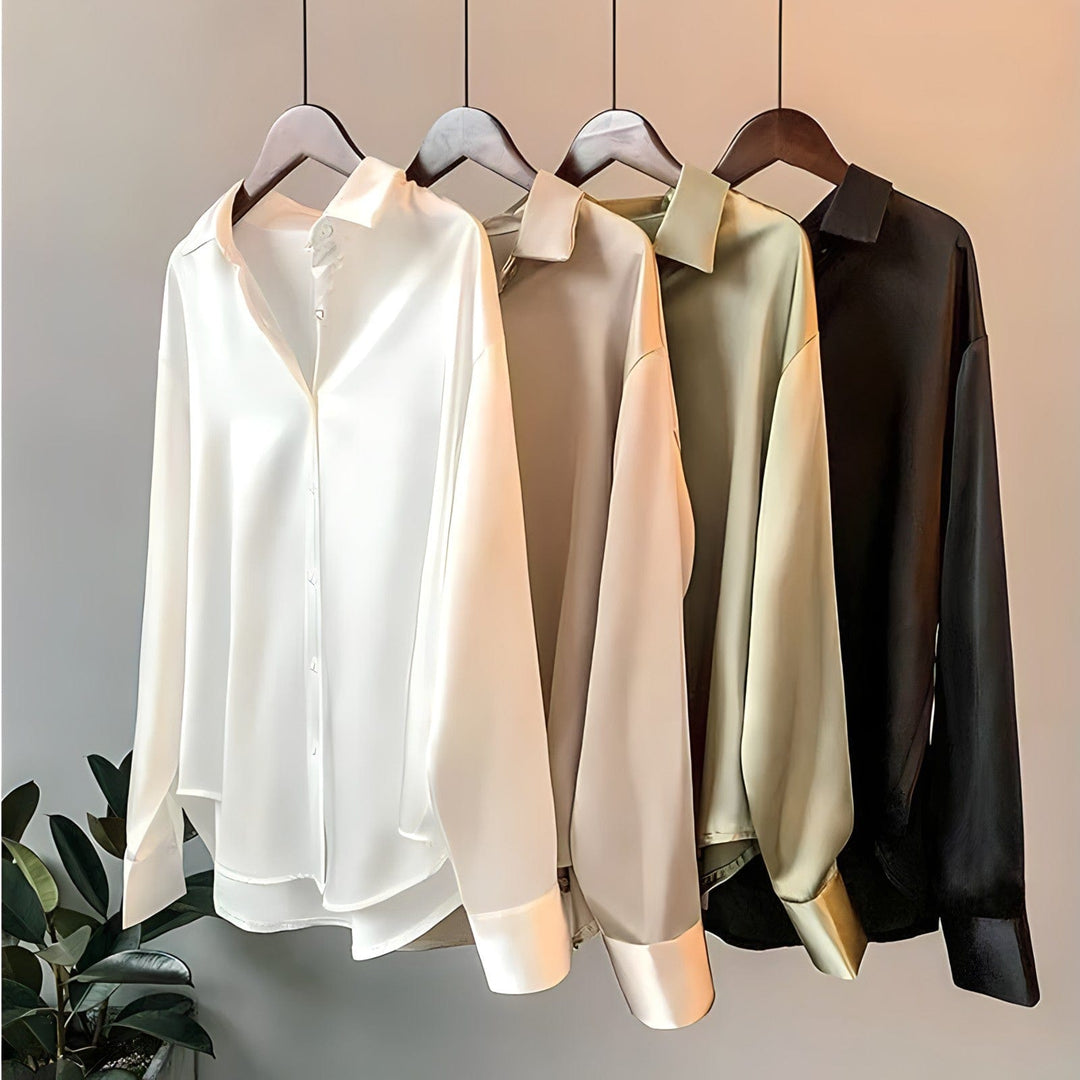 Céline | Damen Satin Bluse Langarm Klassischer Kragen