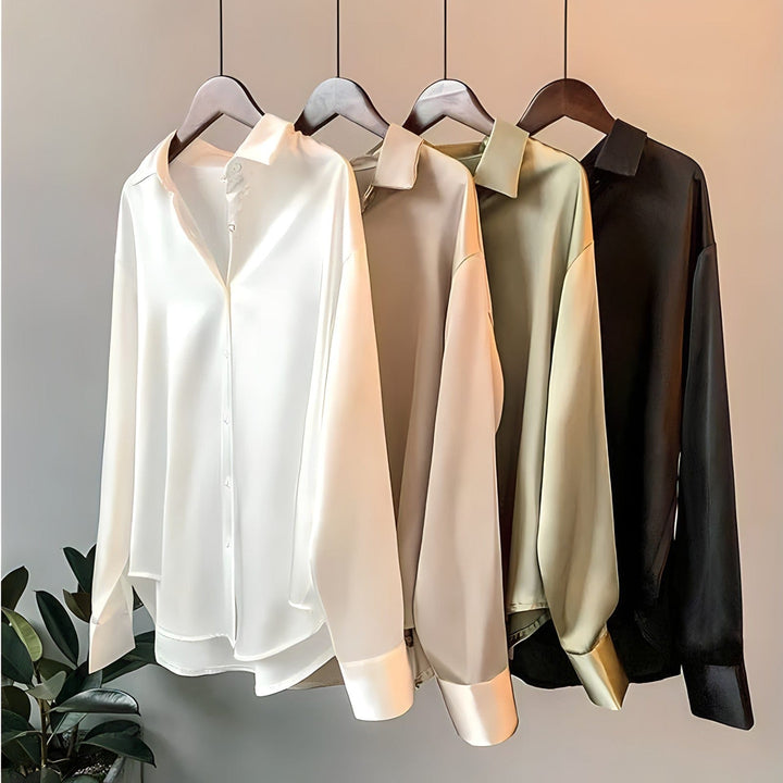 Céline | Damen Satin Bluse Langarm Klassischer Kragen