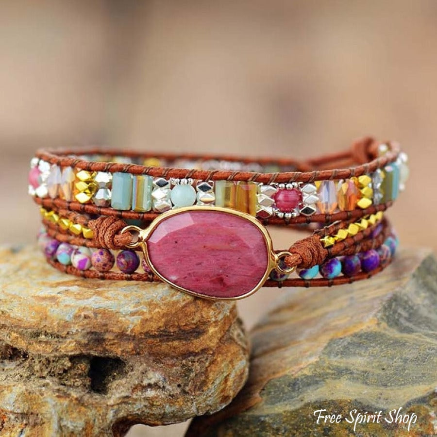 Natürlicher Rhodonit- & Jasper-Wickelarmband