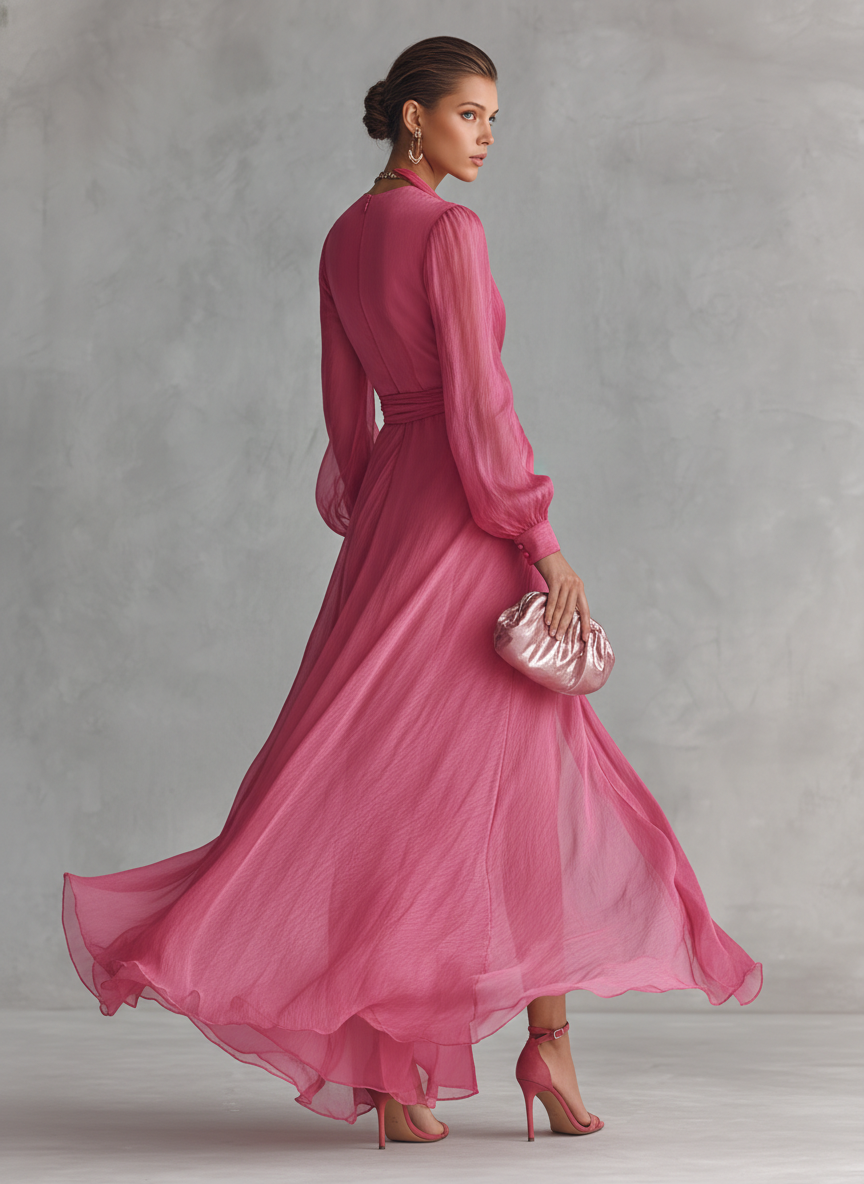 Ingeborg | Roze Chiffon Jurk V-Hals