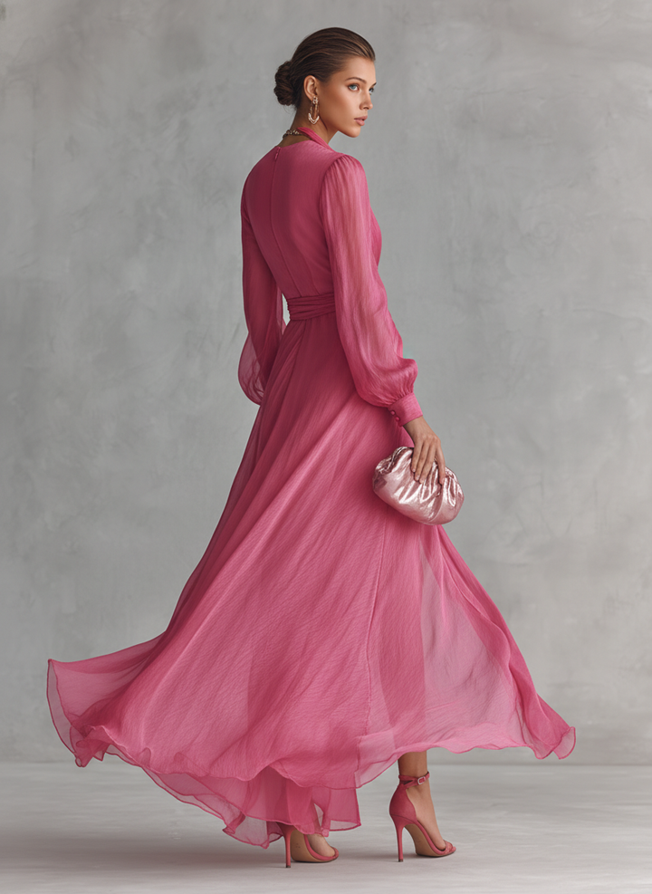 Ingeborg | Roze Chiffon Jurk V-Hals