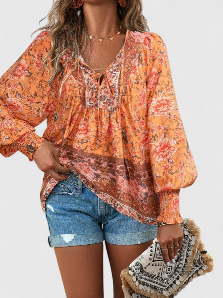 Rosanna | Damen Boho Bluse Langarm Blumenmuster V-Ausschnitt Sommerbluse