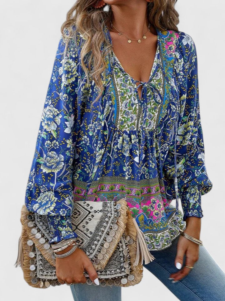 Rosanna | Damen Boho Bluse Langarm Blumenmuster V-Ausschnitt Sommerbluse