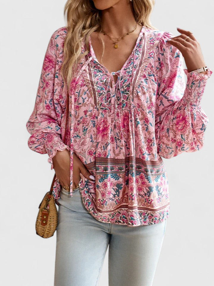 Rosanna | Damen Boho Bluse Langarm Blumenmuster V-Ausschnitt Sommerbluse