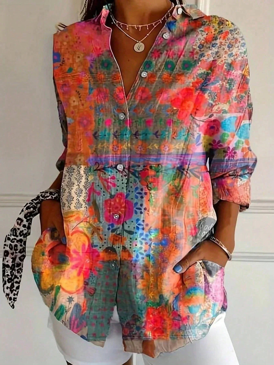 Frida | Damen Hemdbluse Langarm Buntes Muster Oversized