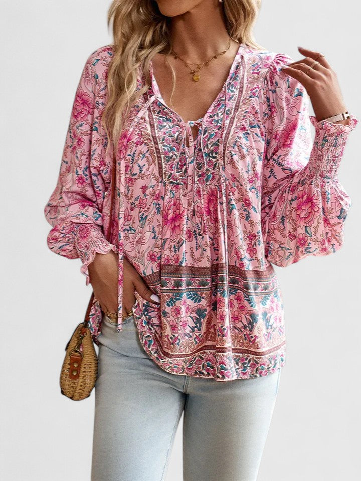 Rosanna | Damen Boho Bluse Langarm Blumenmuster V-Ausschnitt Sommerbluse