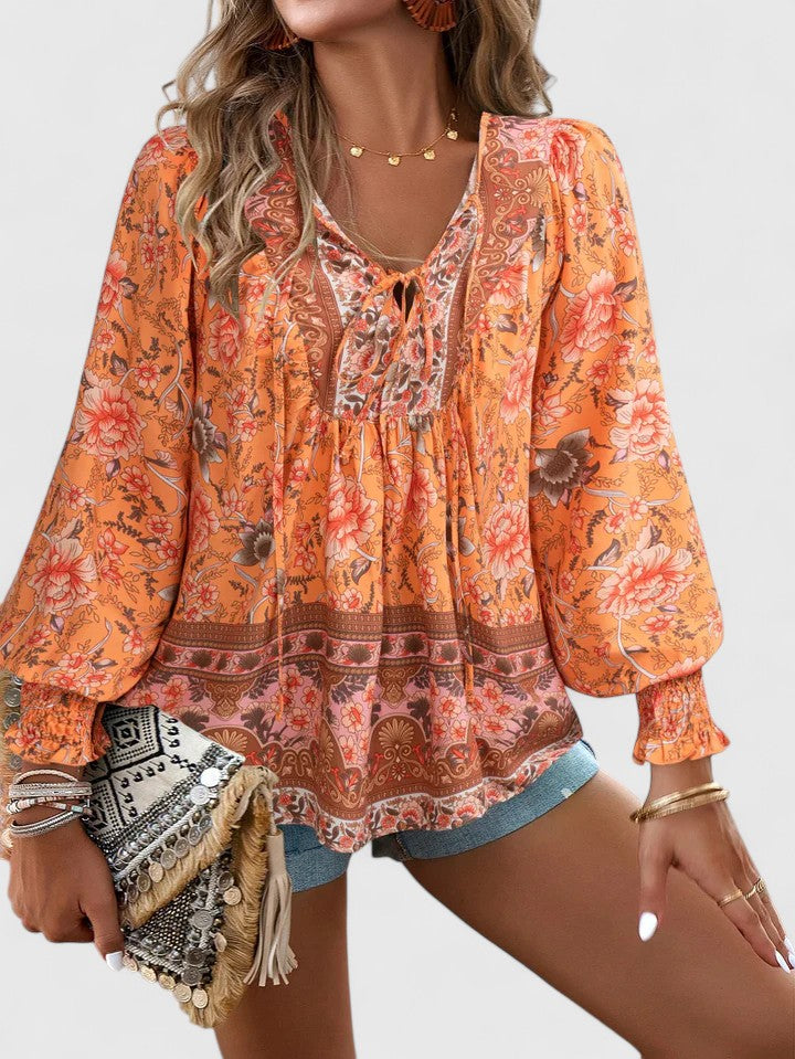 Rosanna | Damen Boho Bluse Langarm Blumenmuster V-Ausschnitt Sommerbluse