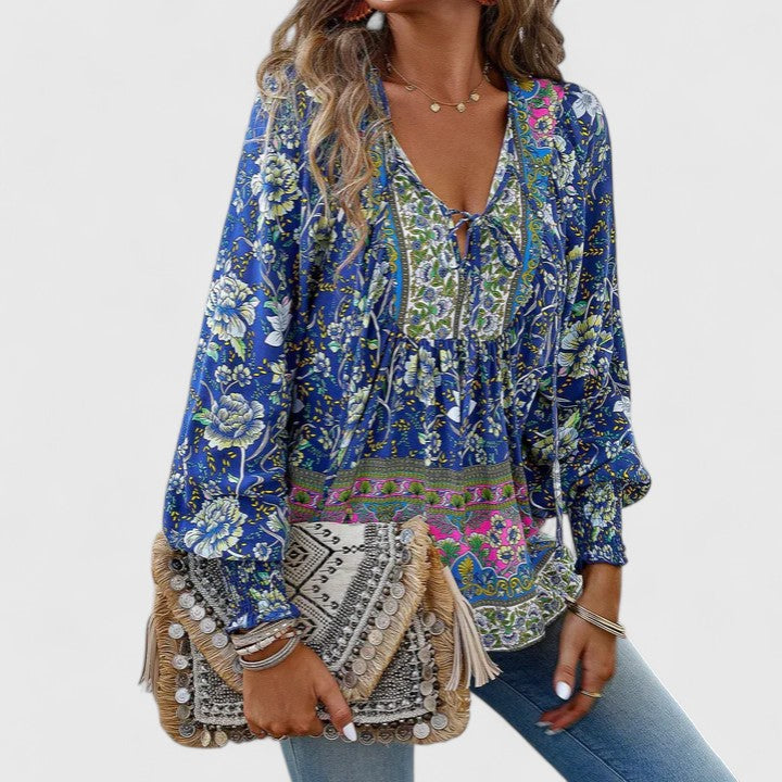 Rosanna | Damen Boho Bluse Langarm Blumenmuster V-Ausschnitt Sommerbluse
