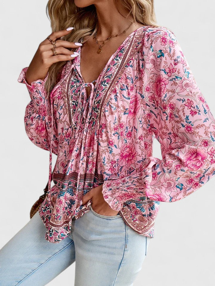 Rosanna | Damen Boho Bluse Langarm Blumenmuster V-Ausschnitt Sommerbluse
