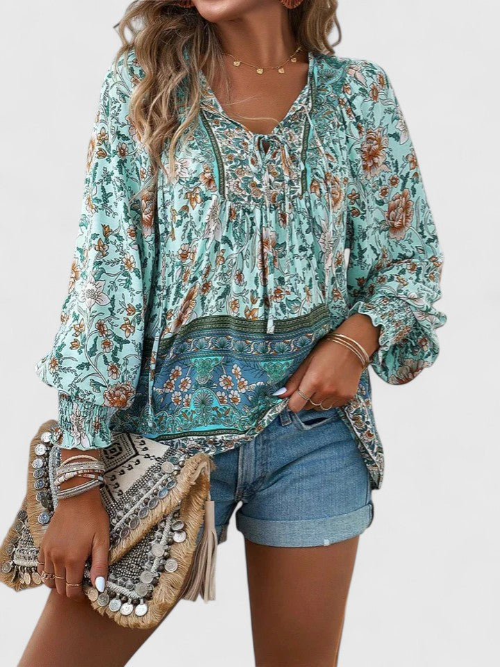 Rosanna | Damen Boho Bluse Langarm Blumenmuster V-Ausschnitt Sommerbluse