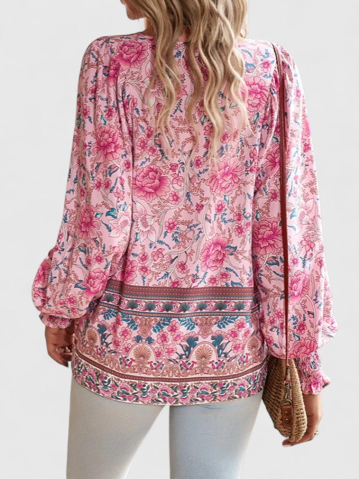 Rosanna | Damen Boho Bluse Langarm Blumenmuster V-Ausschnitt Sommerbluse