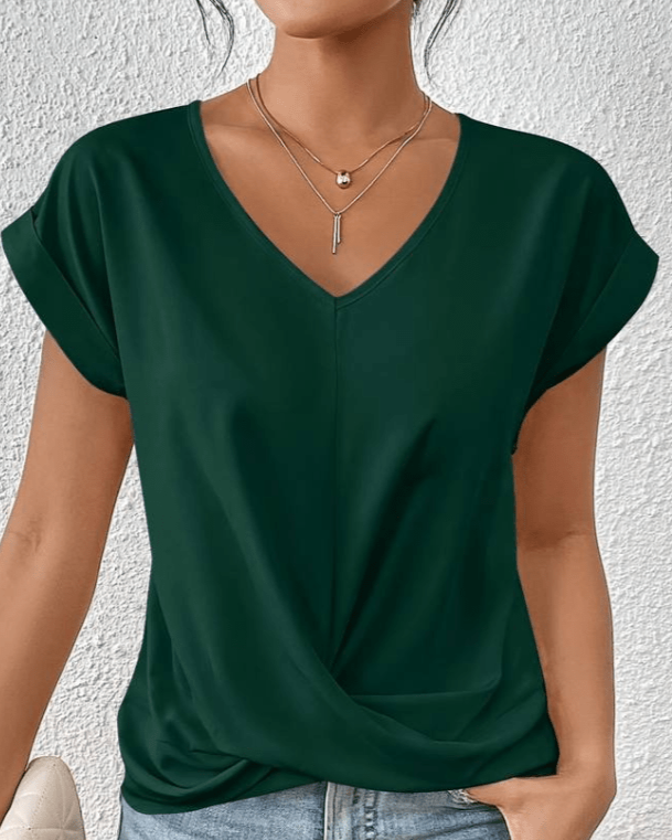 Farie | Damen V-Ausschnitt Top Kurzarm mit Knoten Unifarbe