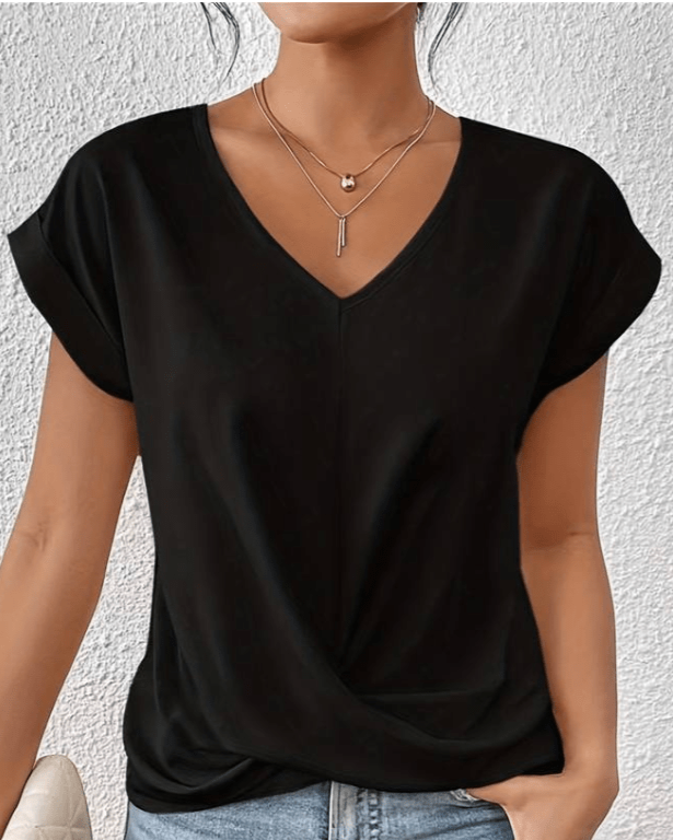 Farie | Damen V-Ausschnitt Top Kurzarm mit Knoten Unifarbe