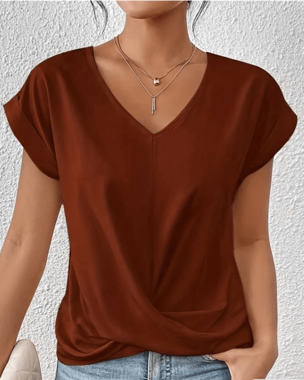 Farie | Damen V-Ausschnitt Top Kurzarm mit Knoten Unifarbe
