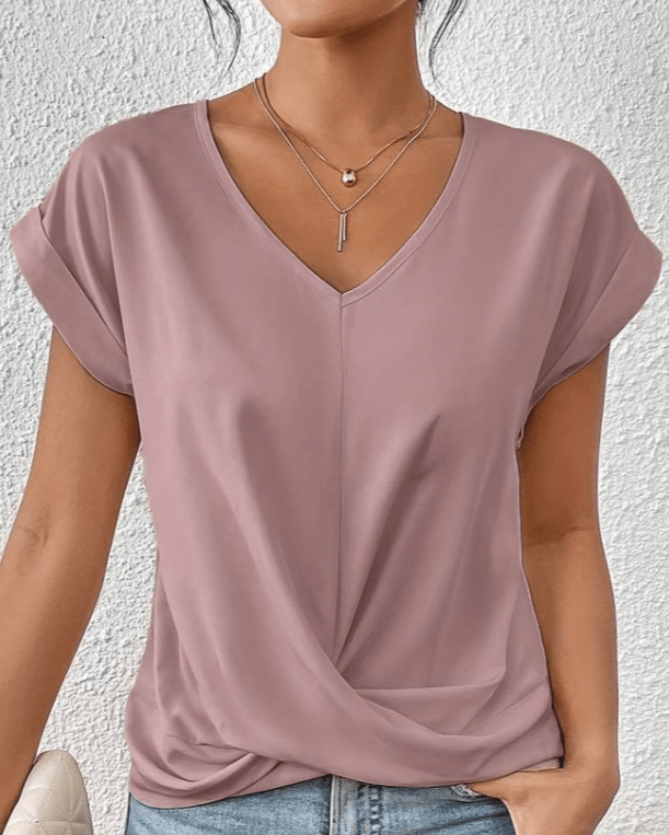 Farie | Damen V-Ausschnitt Top Kurzarm mit Knoten Unifarbe