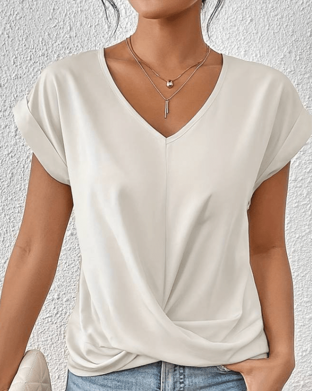 Farie | Damen V-Ausschnitt Top Kurzarm mit Knoten Unifarbe