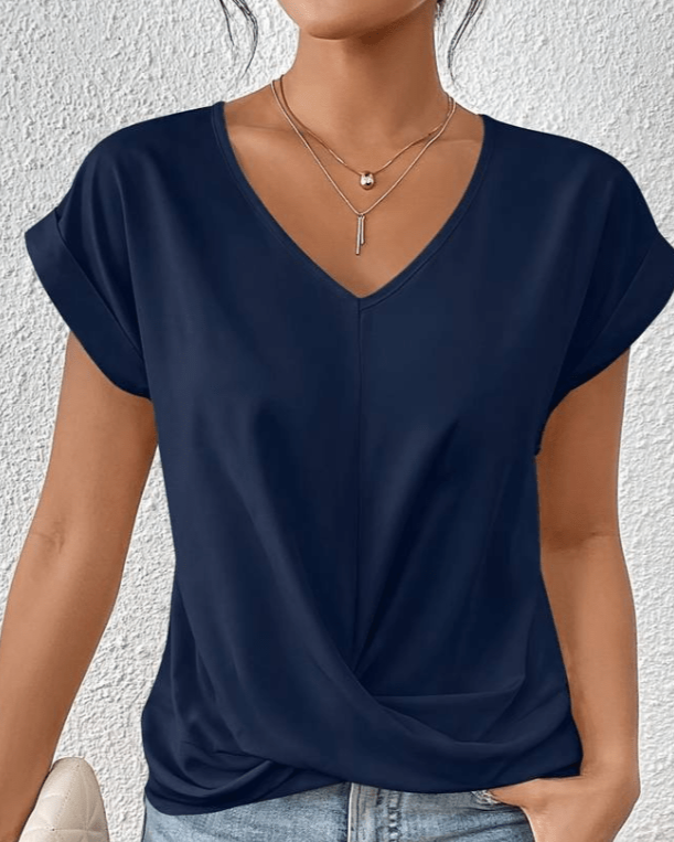 Farie | Damen V-Ausschnitt Top Kurzarm mit Knoten Unifarbe