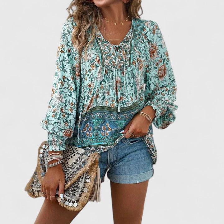 Rosanna | Damen Boho Bluse Langarm Blumenmuster V-Ausschnitt Sommerbluse