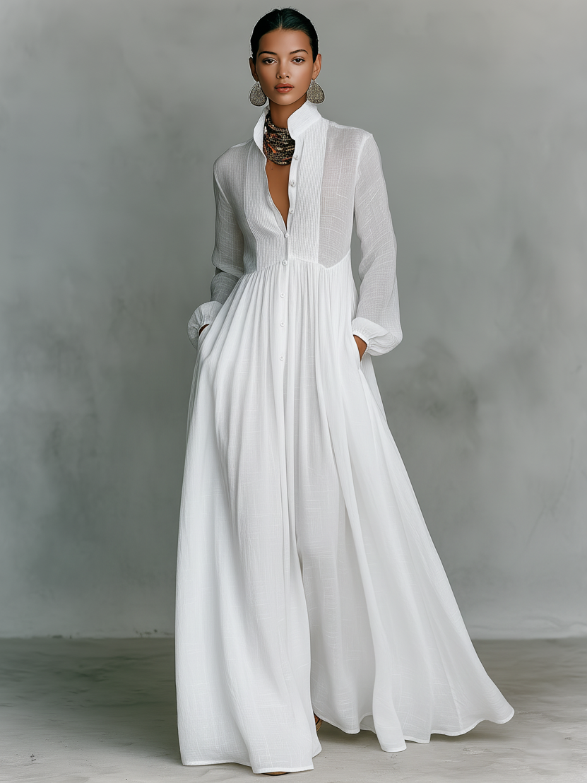 Brunhilde | Patchwork Leinen Maxi Kleid Stehkragen