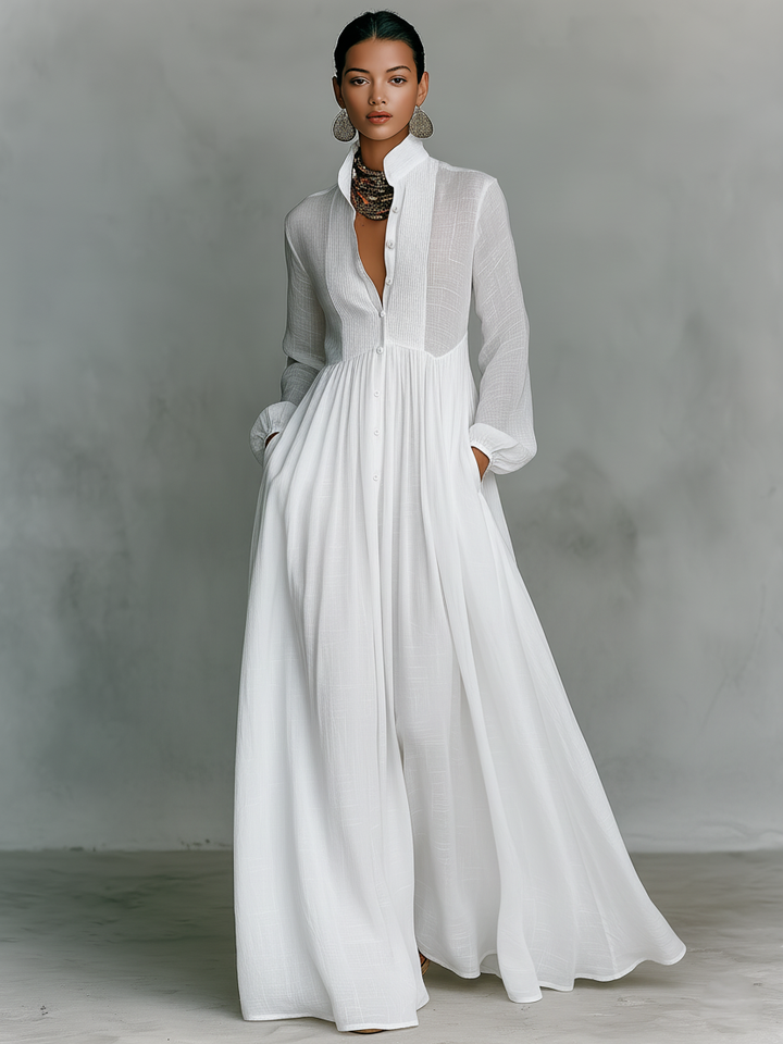 Brunhilde | Patchwork Leinen Maxi Kleid Stehkragen