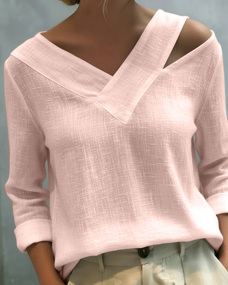 Léa | Damen Top Asymmetrischer V-Ausschnitt Langarm Oberteil