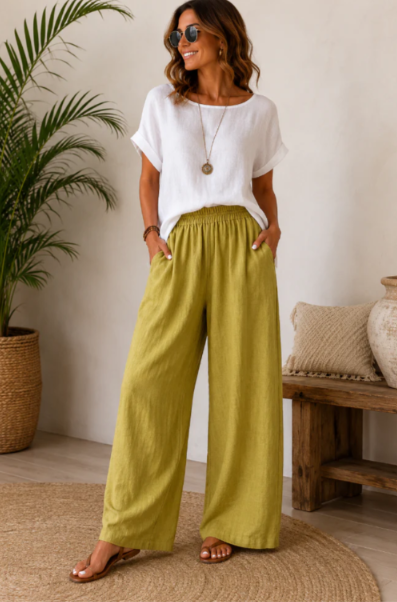 Amalia — Fließende Hose aus Baumwolle und Leinen