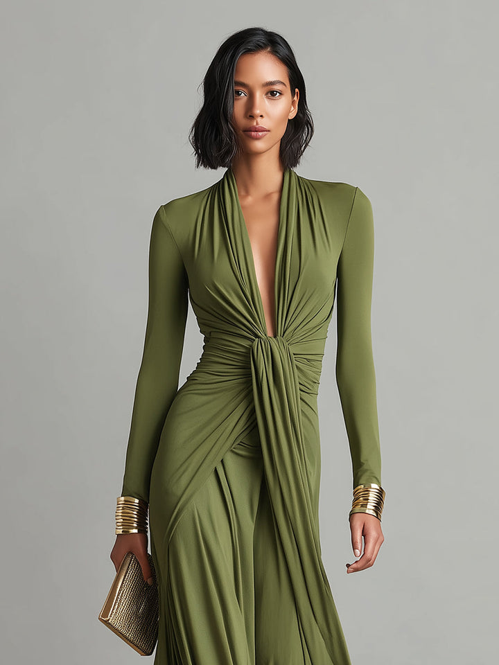 Mathilde | Oliv Seide Maxi Kleid V-Ausschnitt