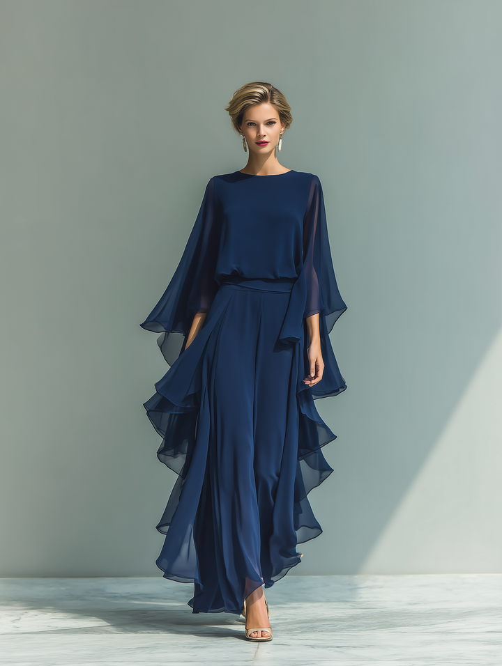 Klara | Marineblau Chiffon Set Rüschen