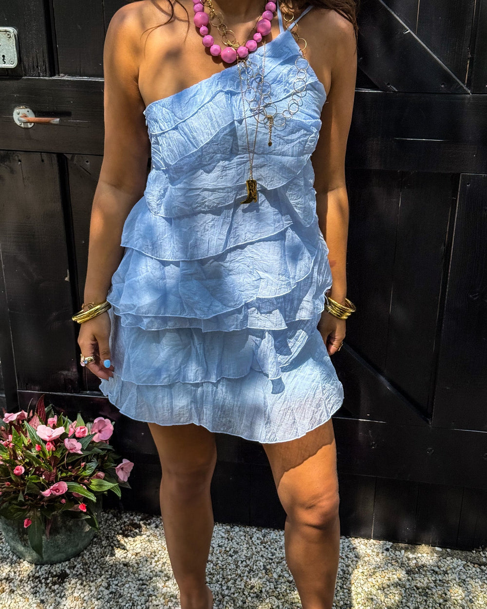 Mini Kleid Damen Rüschen Asymmetrisch Schulterträger Casual Sommer