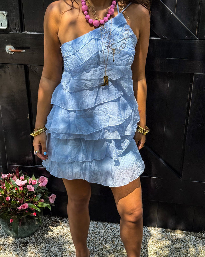 Mini Kleid Damen Rüschen Asymmetrisch Schulterträger Casual Sommer