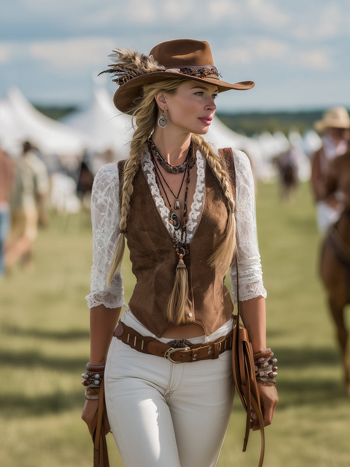 Calliope | Damen Western Langarm Spitzenärmel Bluse