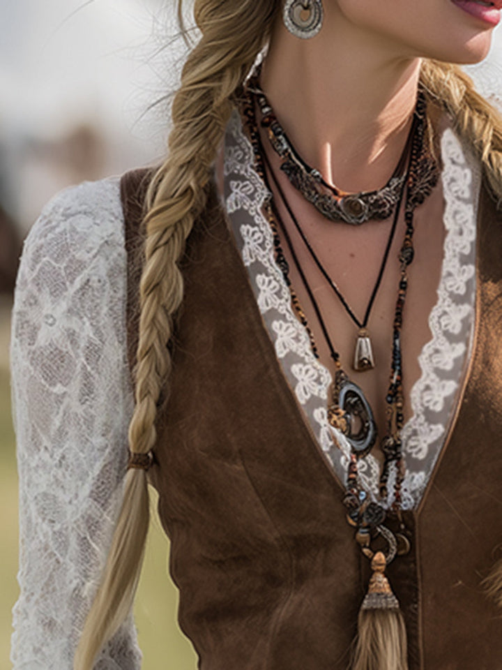 Calliope | Damen Western Langarm Spitzenärmel Bluse