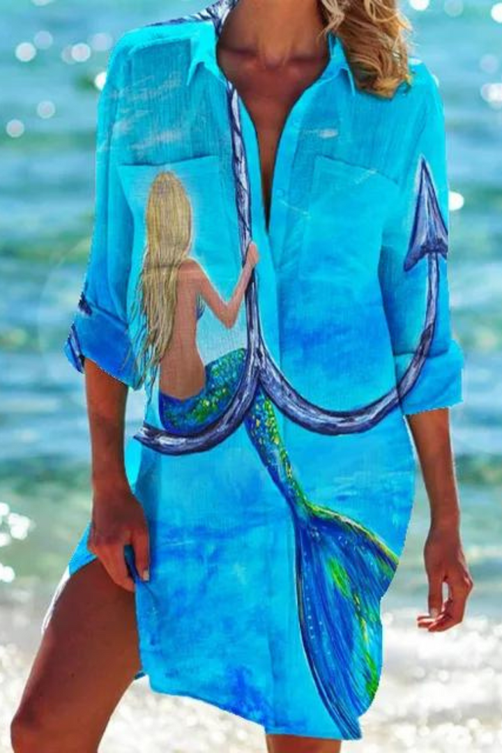 Cerena | Damen Strandbluse Hemdkragen Maritimer Print