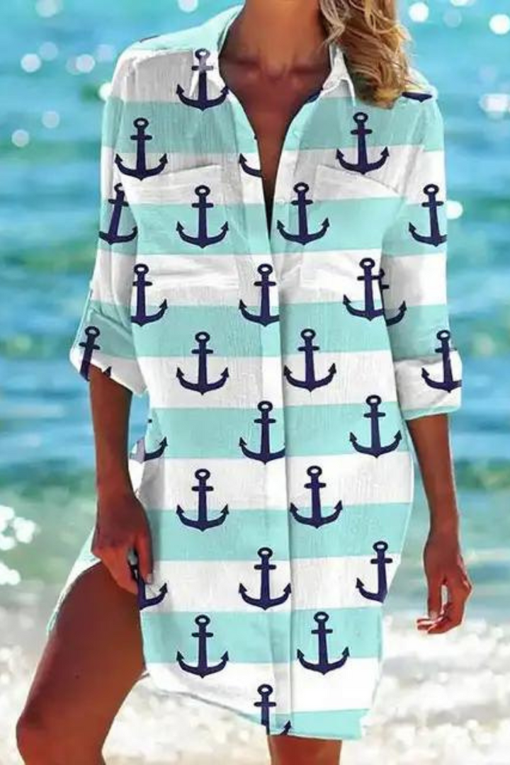 Cerena | Damen Strandbluse Hemdkragen Maritimer Print