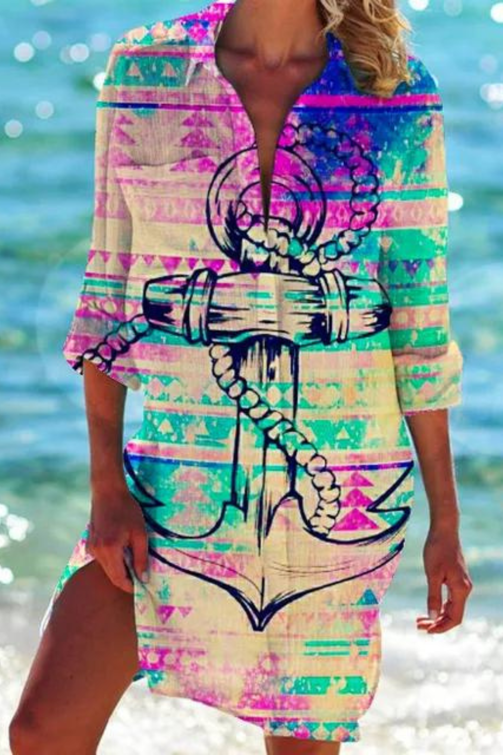 Cerena | Damen Strandbluse Hemdkragen Maritimer Print