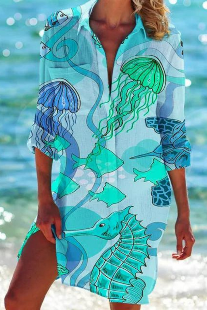 Cerena | Damen Strandbluse Hemdkragen Maritimer Print