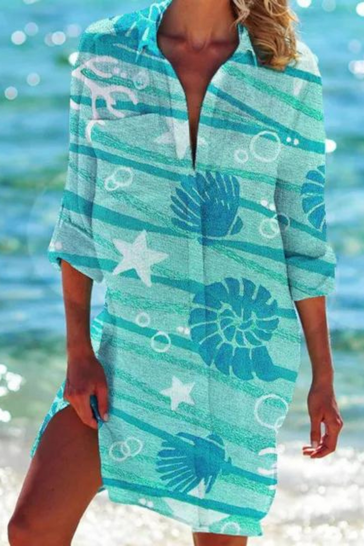 Cerena | Damen Strandbluse Hemdkragen Maritimer Print