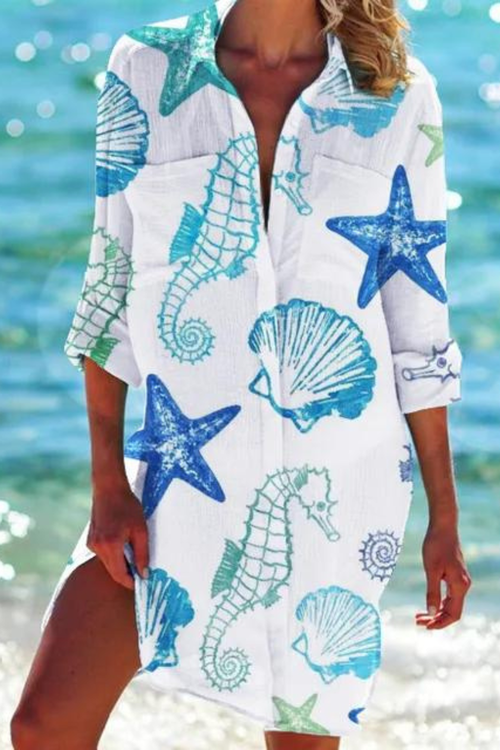 Cerena | Damen Strandbluse Hemdkragen Maritimer Print