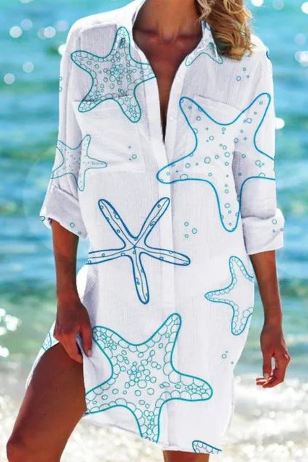 Cerena | Damen Strandbluse Hemdkragen Maritimer Print