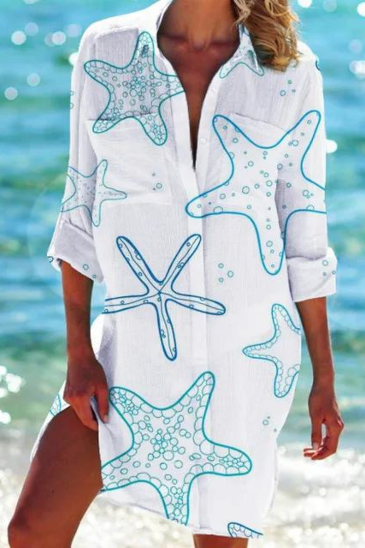 Cerena | Damen Strandbluse Hemdkragen Maritimer Print