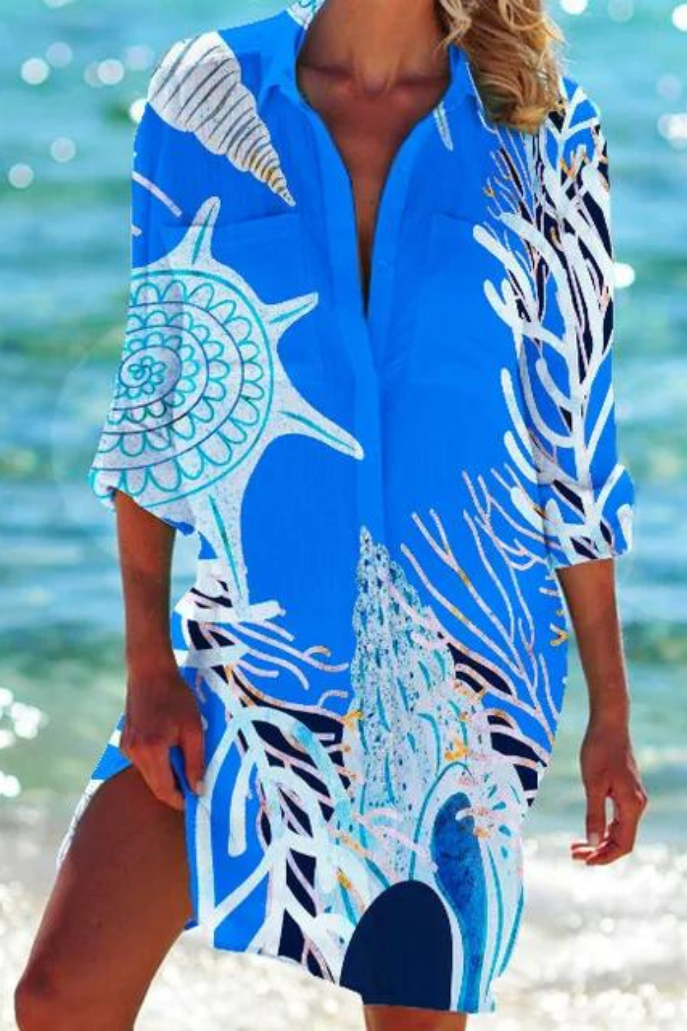 Cerena | Damen Strandbluse Hemdkragen Maritimer Print