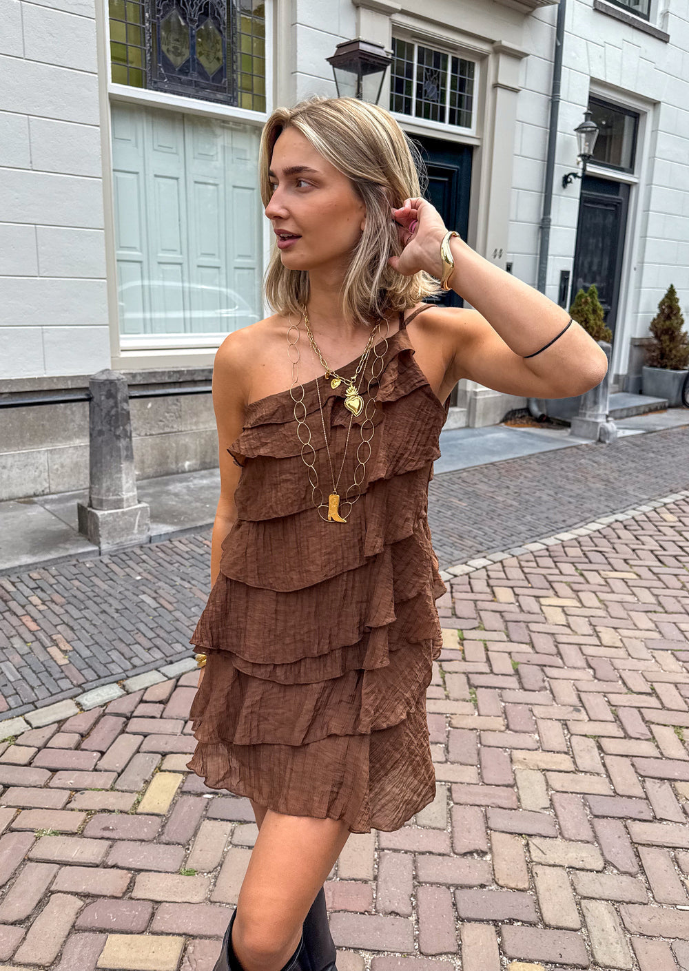 Mini Kleid Damen Rüschen Asymmetrisch Schulterträger Casual Sommer