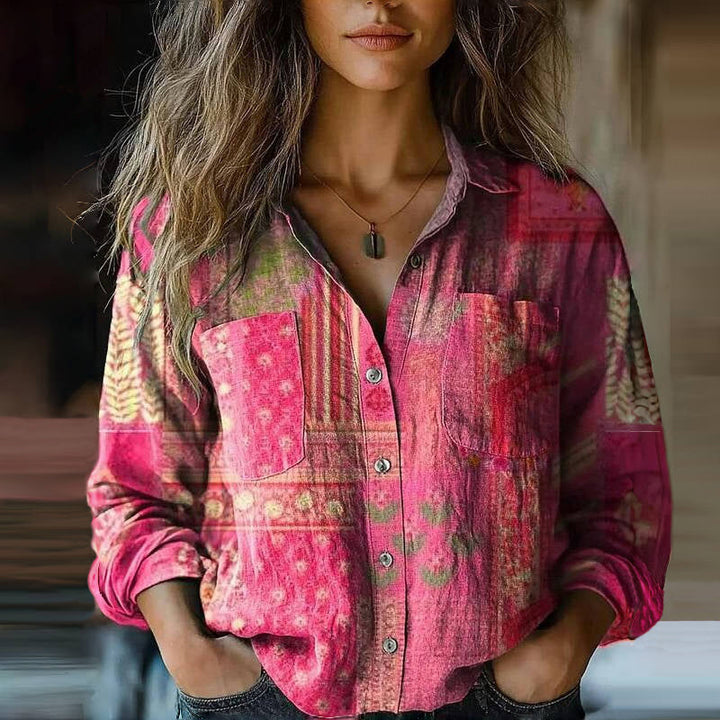 Maya | Damen Hemdbluse Langarm Boho Muster mit Brusttaschen